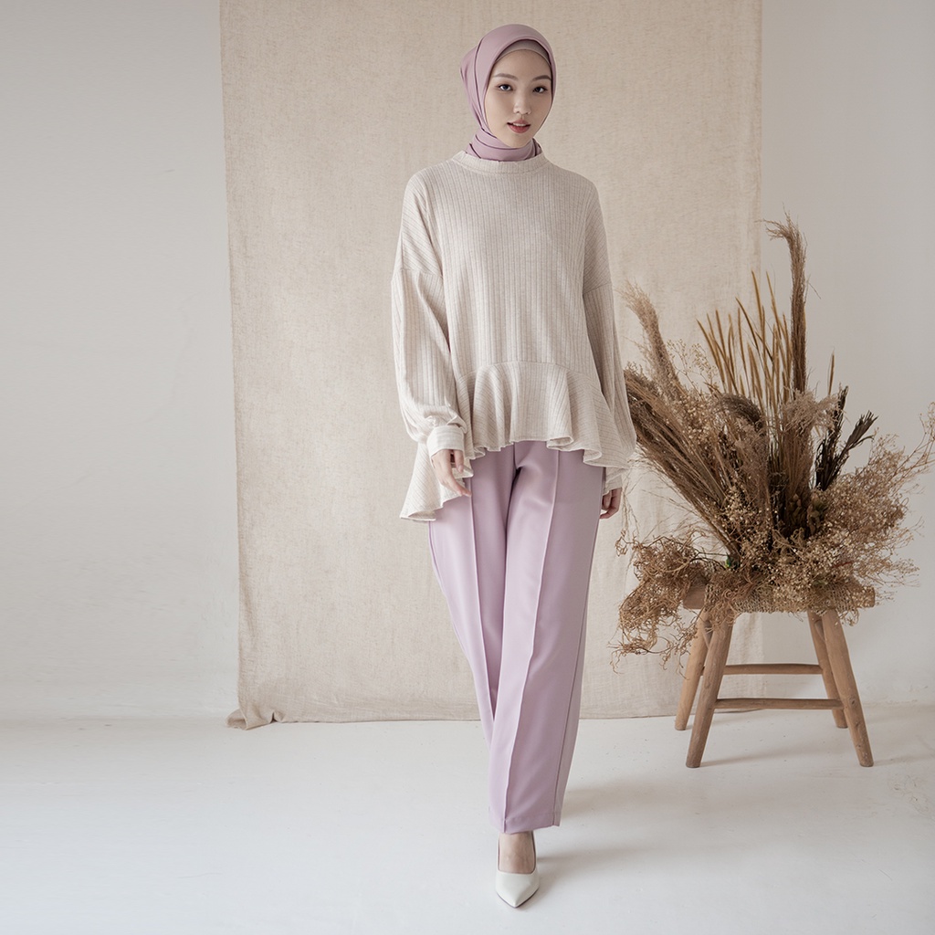 Daru by Aska Label - Atasan katun knit wanita blouse rajut lengan panjang warna coksu cream, abu, biru dusty