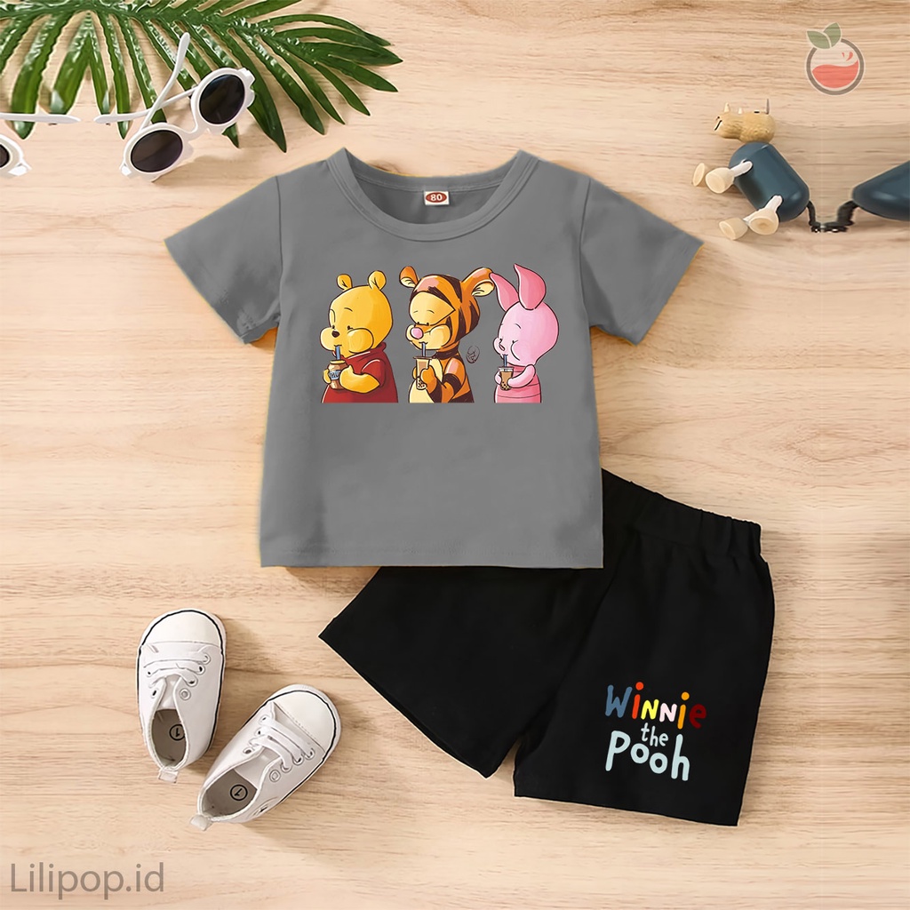 Baju Anak Stelan Kaos 3/4  POOH CUTE Cowok Cewek  Usia 1 - 4 Tahun Celana Pendek Harian