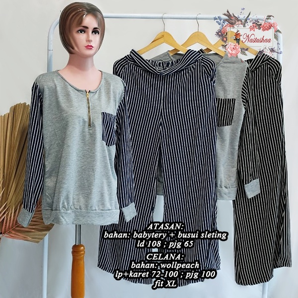 Setelan Baju Celana Panjang Wanita Salur Garis Set Baju Celana Cewe Bahan Babyterry Kombinasi Woll Peach Bagus Murah Fit XL