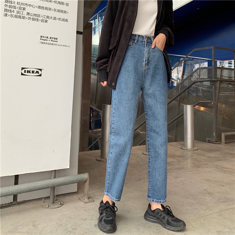 EUNII Celana Panjang Pants Wanita Jeans Straight Cropped Jeans High Waist Korean Style