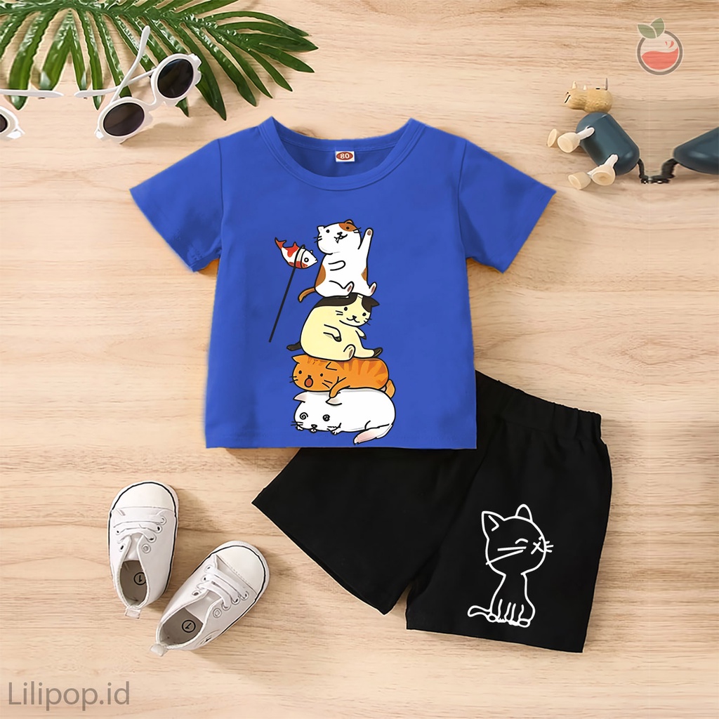 Baju Anak Stelan Kaos 3/4  CAT DOG Cowok Cewek  Usia 1 - 4 Tahun Celana Pendek Harian