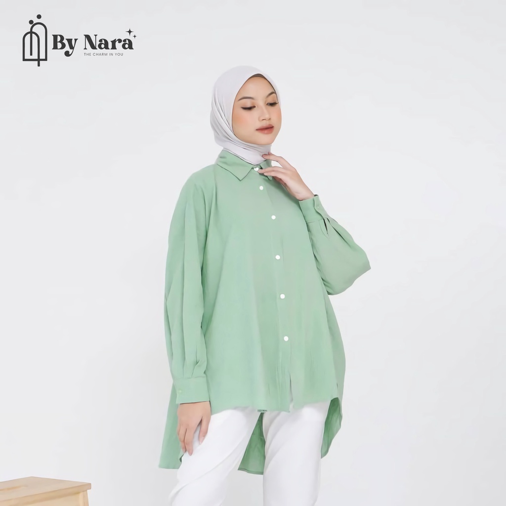 ByNara Kemeja Wanita Oversize Lengan panjang Bahan Linen Sage Green