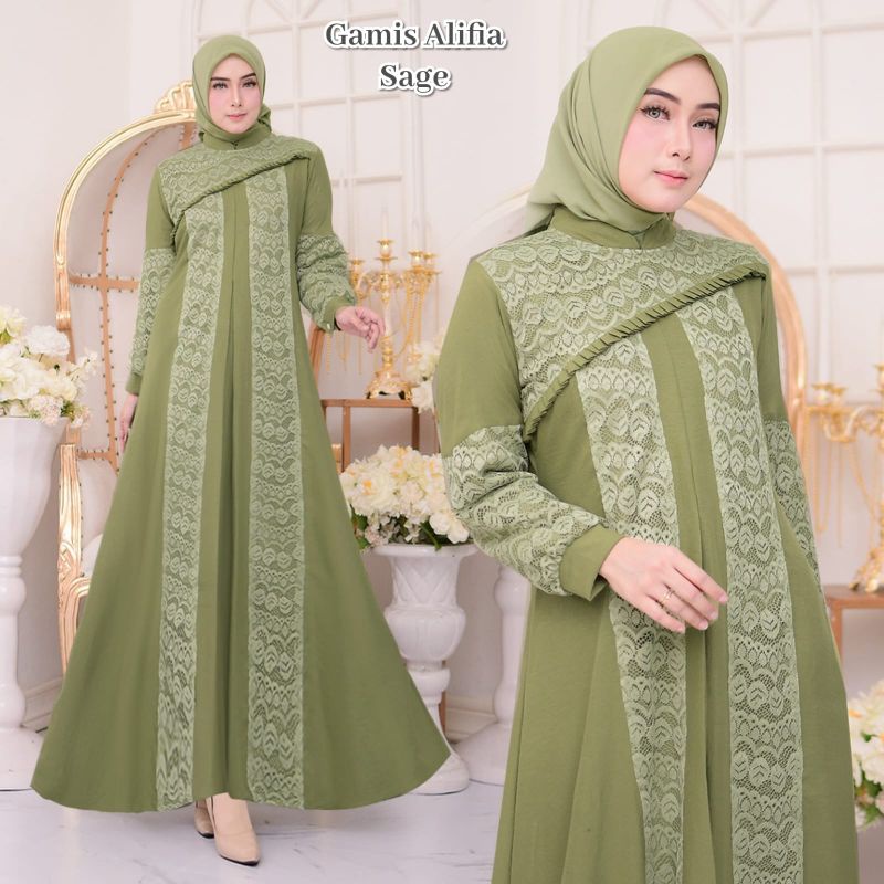 gamis crinkle alifia mix brukat / gamis lebaran crinkle maxi