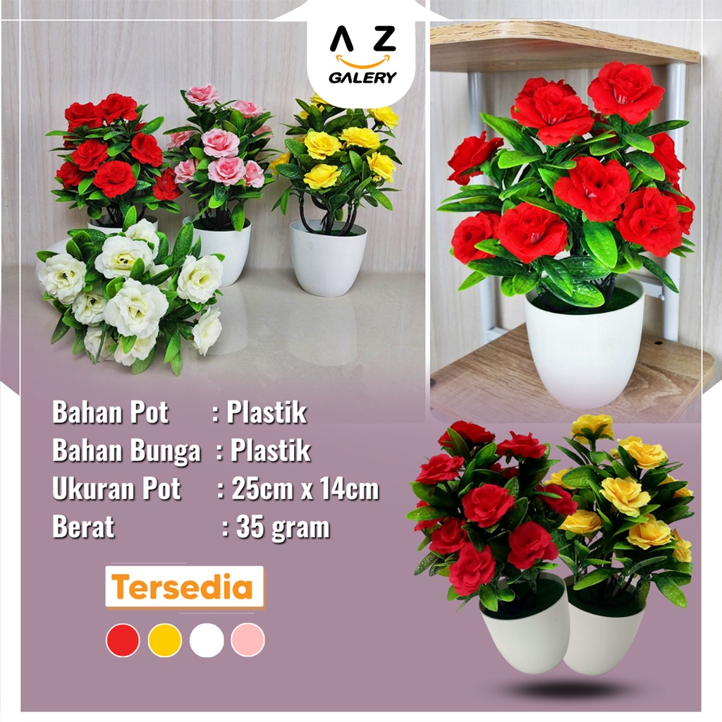 Tanaman Bunga Mawar Hias Plastik Ornamen Pot Hias Mini Pajangan Dekorasi Rumah Artificial Flower Azgalery PBP62