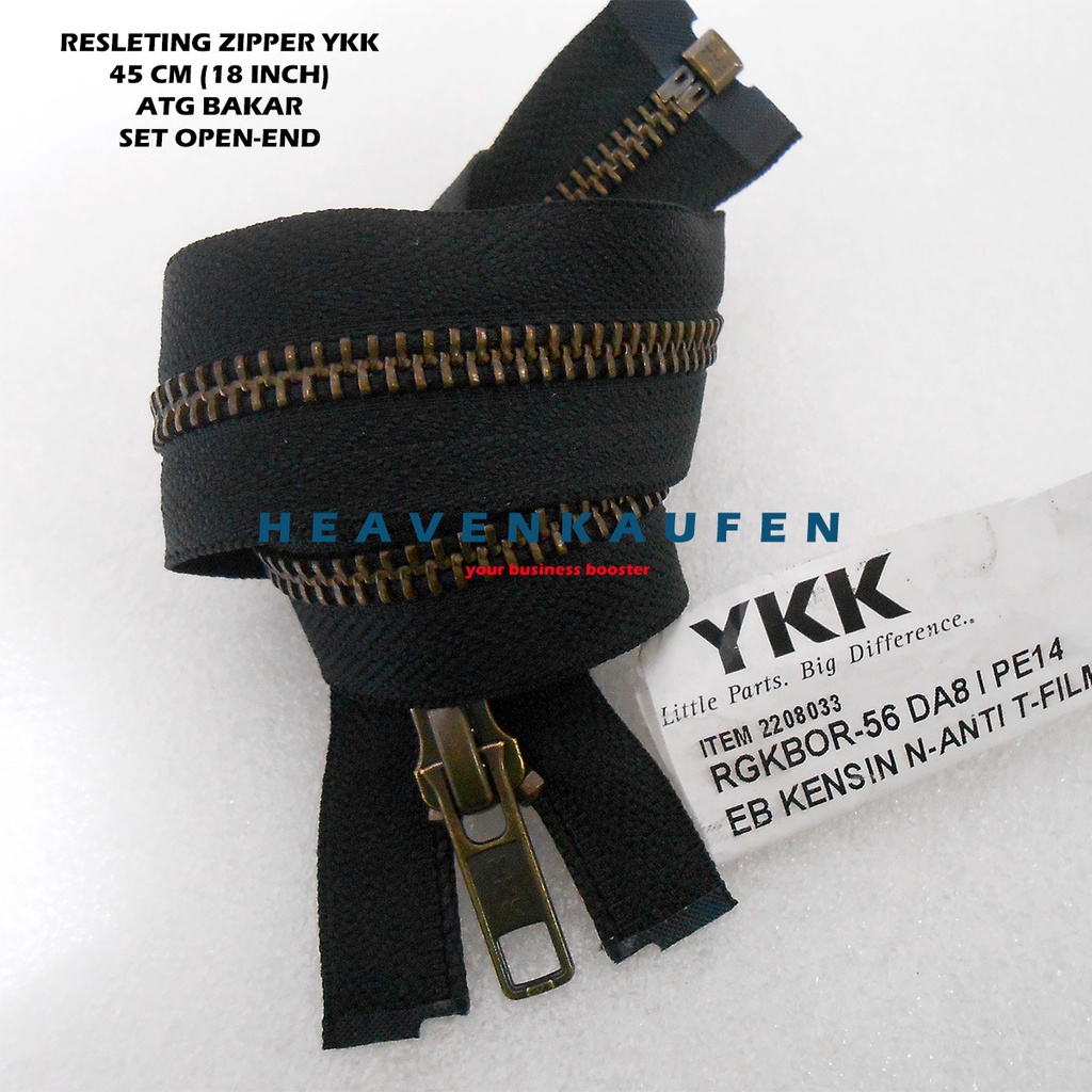 Resleting Zipper YKK Type Gigi Besi 45 cm Atau 18 inch Warna Hitam - ATG Bakar Model Set Open End Buka Lepas