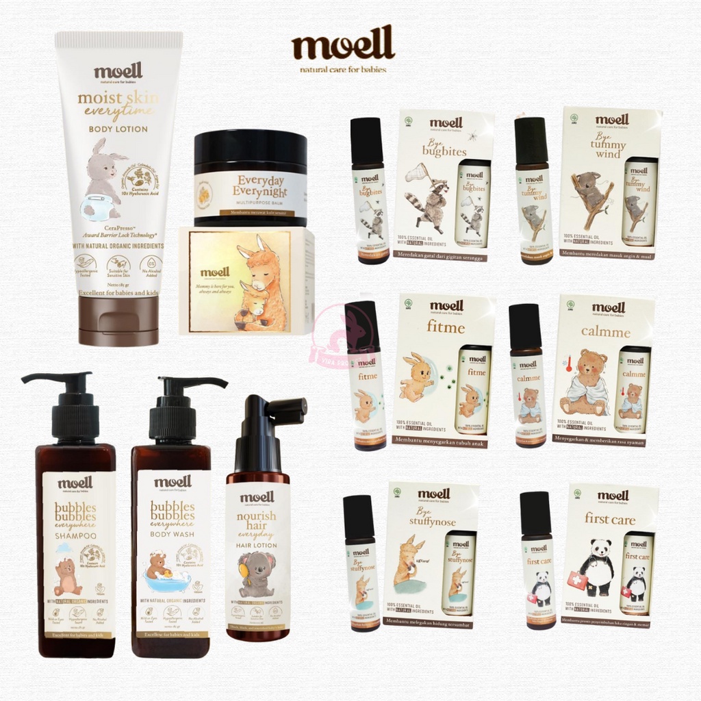 MOELL ESSENTIAL OIL/BODY WASH/BODY LOTION/HAIR LOTION/SHAMPOO/BALM - SLS FREE UNTUK KULIT SENSITIF