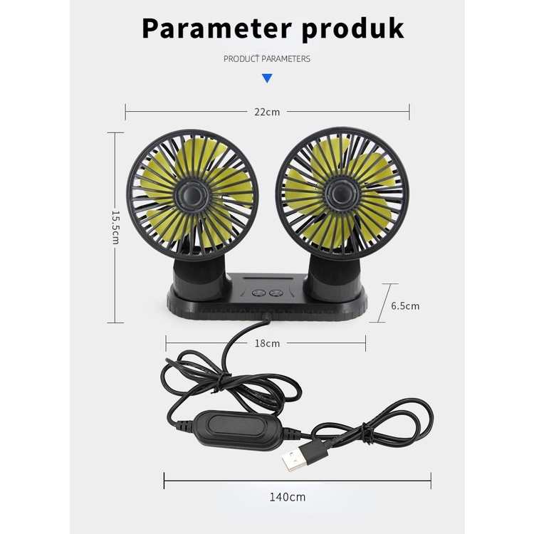 YUN Mall Portable Car Fan Kipas Angin Mobil 12 volt 24 Volt 360 Derajat Double Head USB Dengan 3 Kecepatan Double-Headed Fan Aksesoris