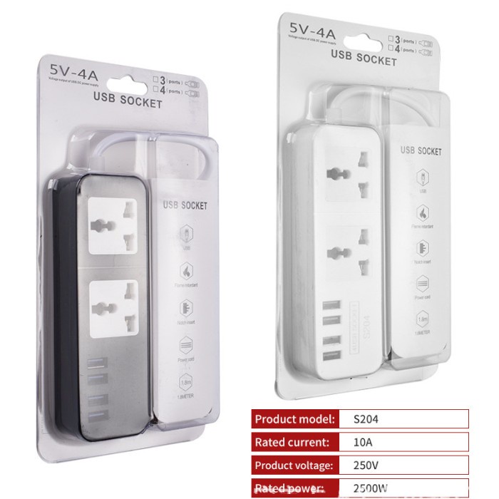 Popular S204 Stop Kontak 3 Power Socket 3 USB Port Power Strip Safety