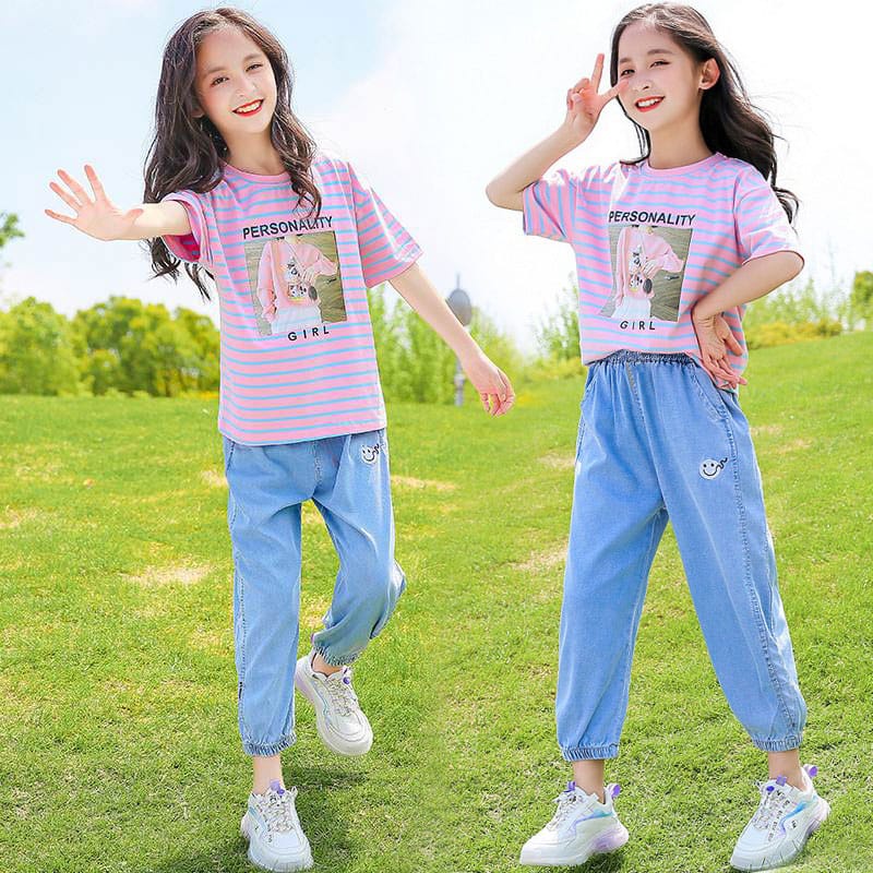 Setelan Anak Perempuan Teenager Casual Stripe Personal Girly