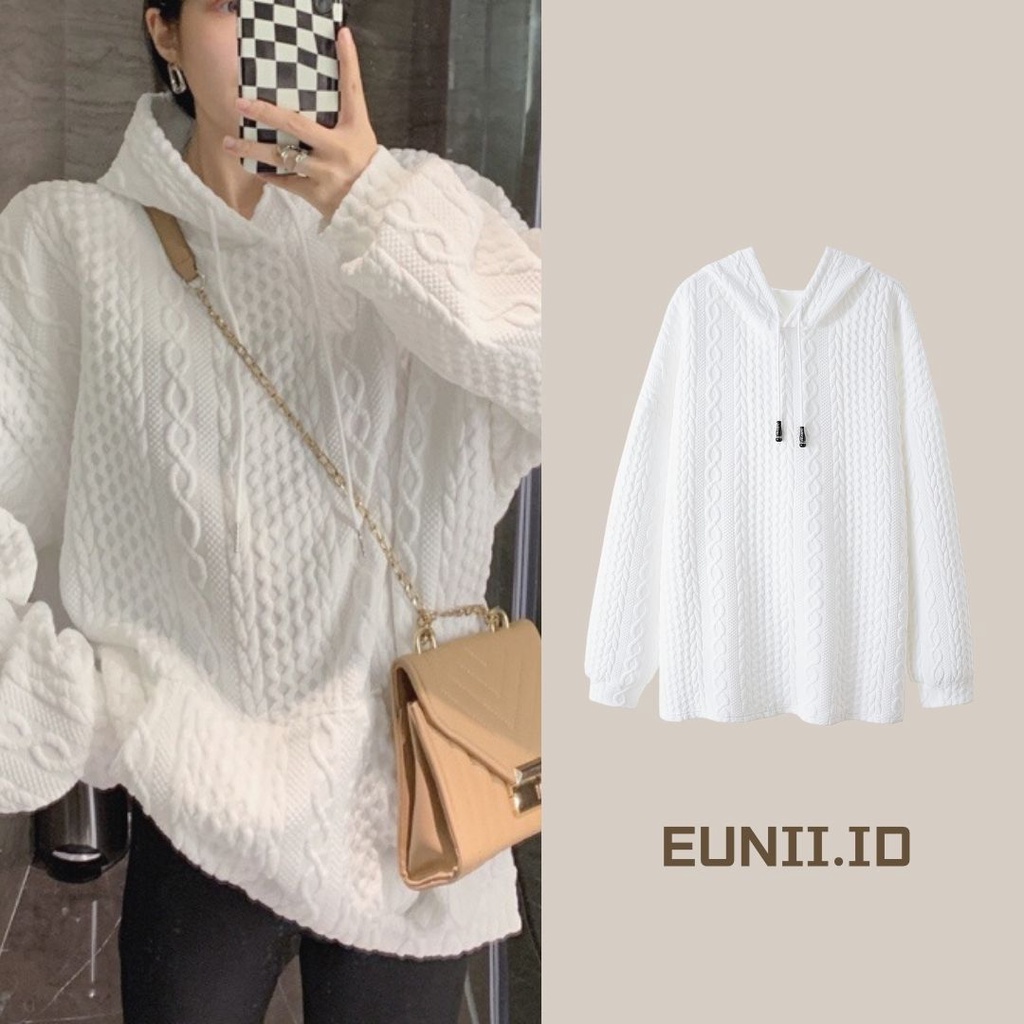 EUNII Sweater Oversize Retro Sweater Putih Hoodie Oversize Korean Style