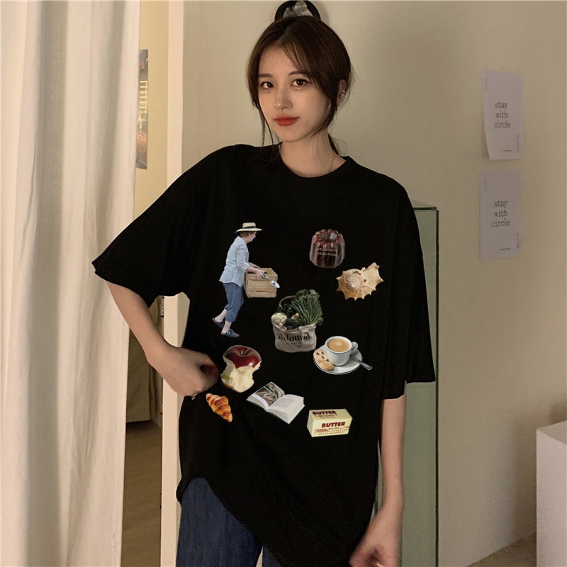 XIAOZHAINV Kaos Atasan Wanita Farm Life Pattern Lengan Pendek A0273