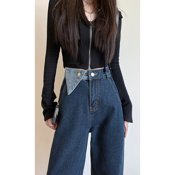 Celana Jeans Panjang Wanita Retro Desain Tombol Loose Wide Leg High Waist Jeans Korean Style