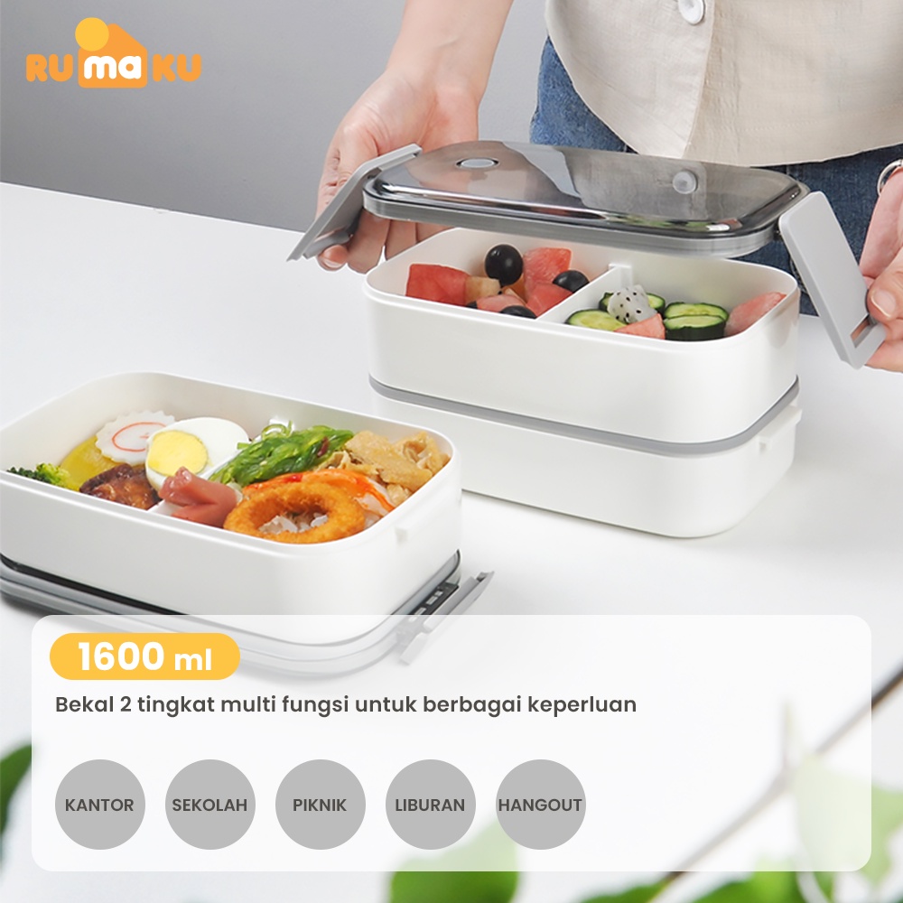 Rumaku Lunchbox Kotak Makan Tempat Bekal Double Layer 1600 ml Anti Tumpah Gratis Sendok BPA FREE