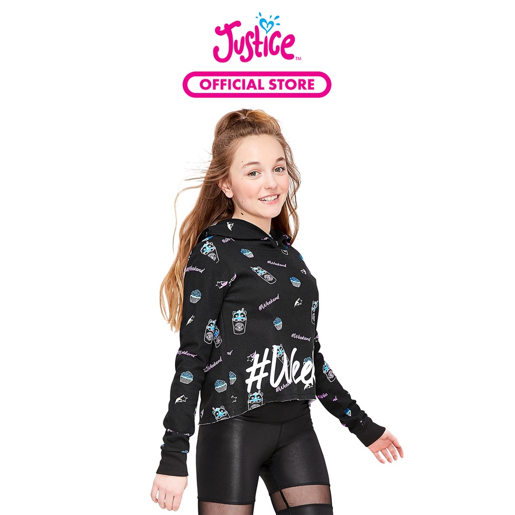 Justice Girls Pattern Crop Hoodie - Sweater Anak Perempuan (Hitam)