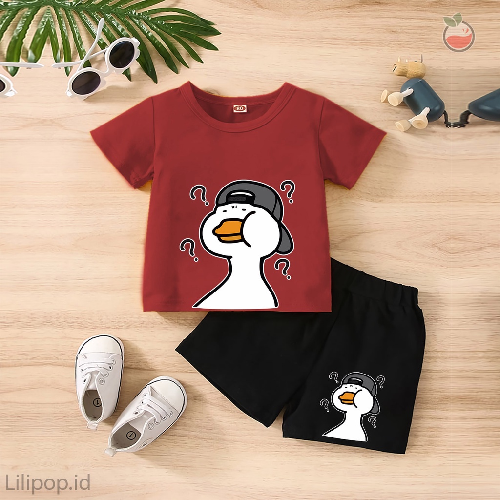 Baju Anak Stelan Kaos 3/4  BEBEK DUCK Cowok Cewek  Usia 1 - 4 Tahun Celana Pendek Harian