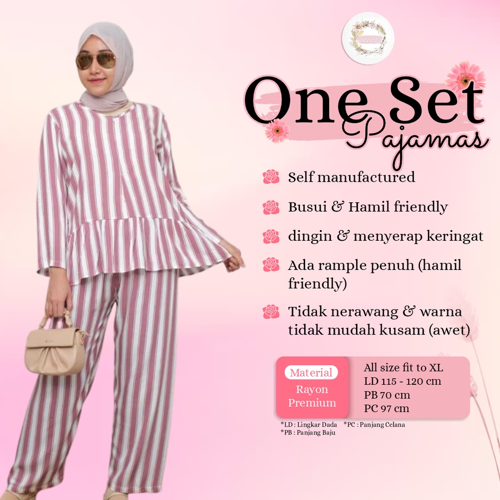 One Set Wanita Pajamas Ruffle Lengan Celana Panjang Piyama Rayon Rempel Simple Hamil Busui Friendly