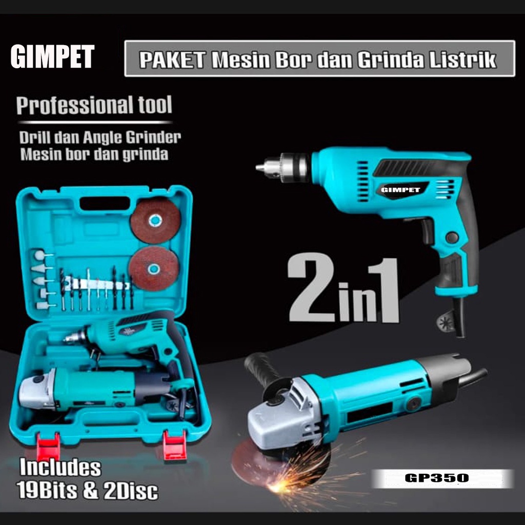 GIMPET SET BOR DAN GERINDA LENGKAP MESIN BOR LISTRIK 10MM BOLAK BALIK - MESIN BOR LISTRIK 10MM KOPER