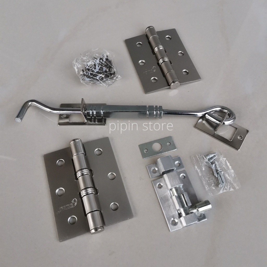 Paket Engsel Jendela 3 Inch Tebal Warna Silver Putih 1 Set + Hak Angin Silver Stainless Lamskar Cantolan Pengait Jendela + Grendel Slot Jendela 2&quot; Inci Selot