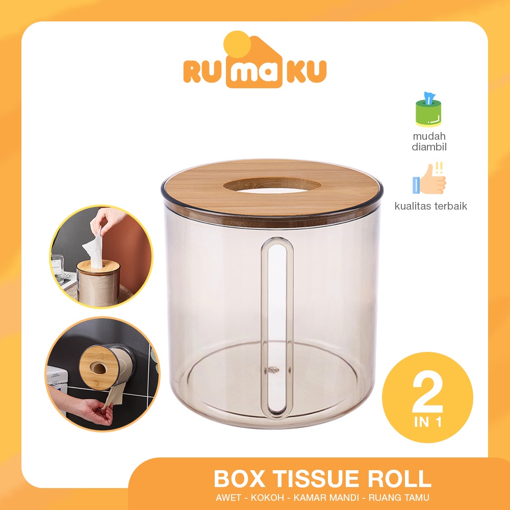 Rumaku Tempat Tisu Roll Bulat Kotak Penyimpanan Tissue Tabung Transparan Tutup Kayu Minimalis