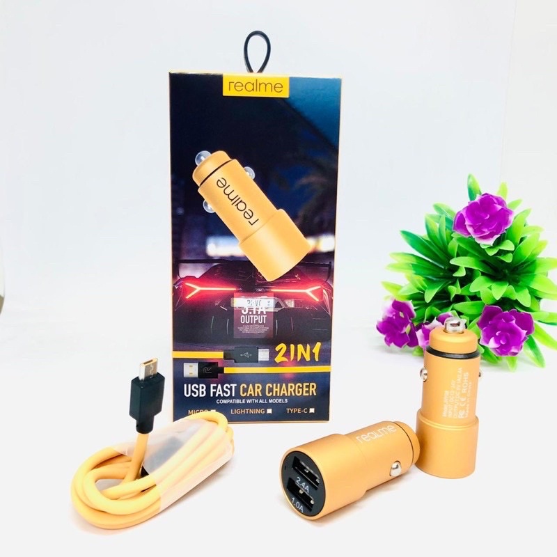 PROMO CHARGER MOBIL REALME VOOC 2USB BONUS KABEL DATA MICRO BY SMOLL