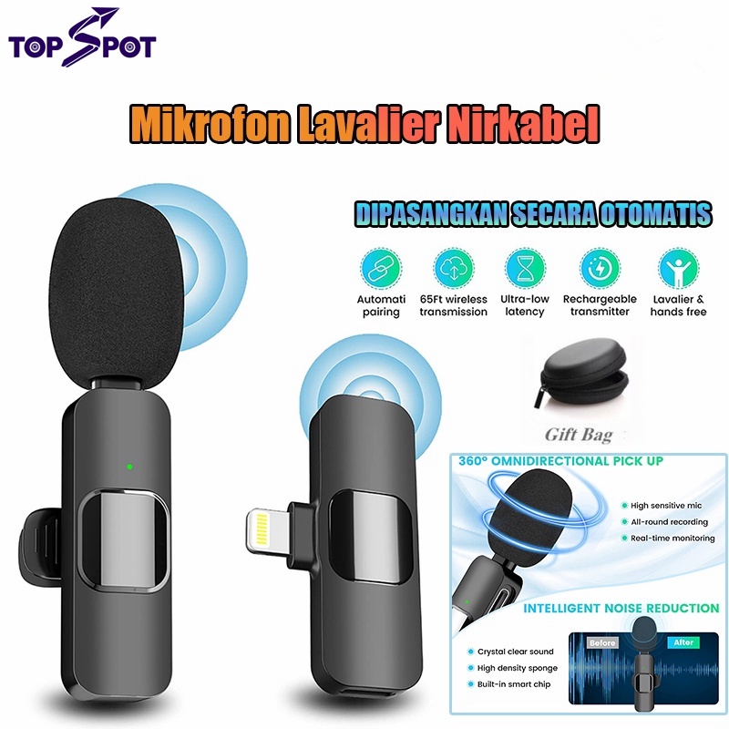 Topspot Mic Wireless HP Lavalier Microphone Plug &amp; Play Lapel Wireless Mikrofon for TikTok YouTube Facebook Live Stream Vloggers Recording Vlog video for Android iphone Smartphone Condenser