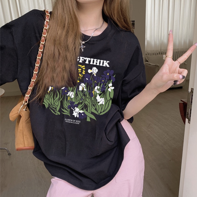 Print T-shirt Kaos Lengan Pendek Cartoon Flowers Baju Wanita Oversize Korean Style
