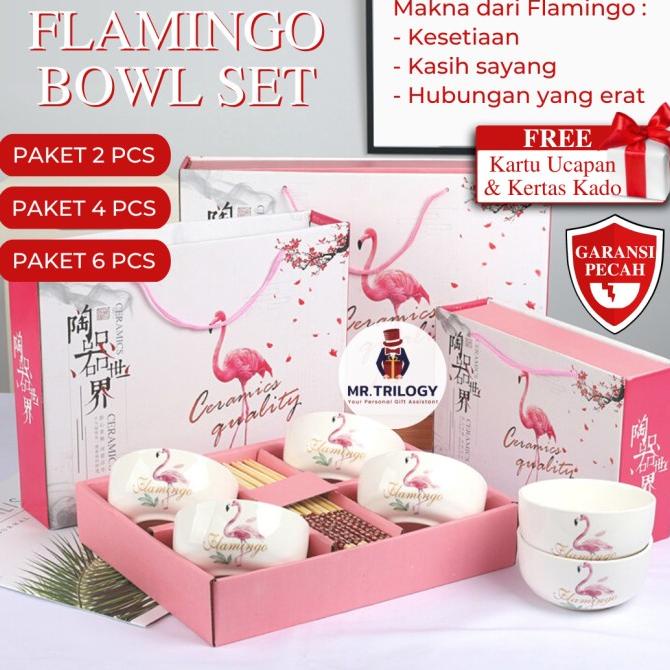 Hampers Flamingo Mangkok Keramik Set Sumpit Gemes Alat Makan Aestetik