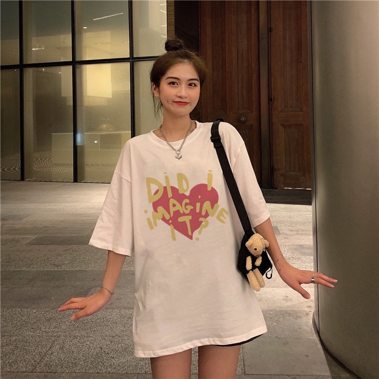 XIAOZHAINV Kaos Atasan Wanita Heart Alphabet Pattern Lengan Pendek A0184