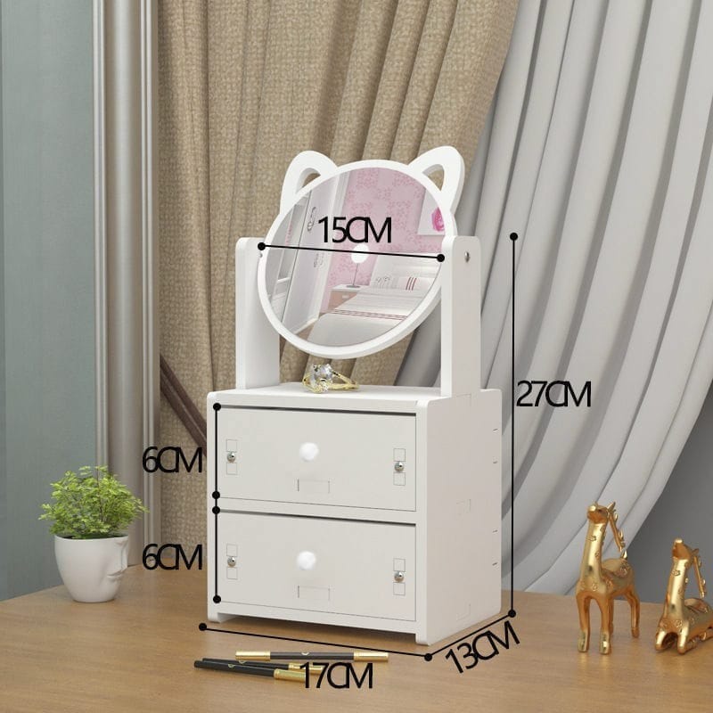 Rak Kosmetik Cermin Telinga Kucing 2 Laci Vintage WPC Rak Make Up Mini Skincare Tahan Air Lemari Hias Kecil Storage Murah Import
