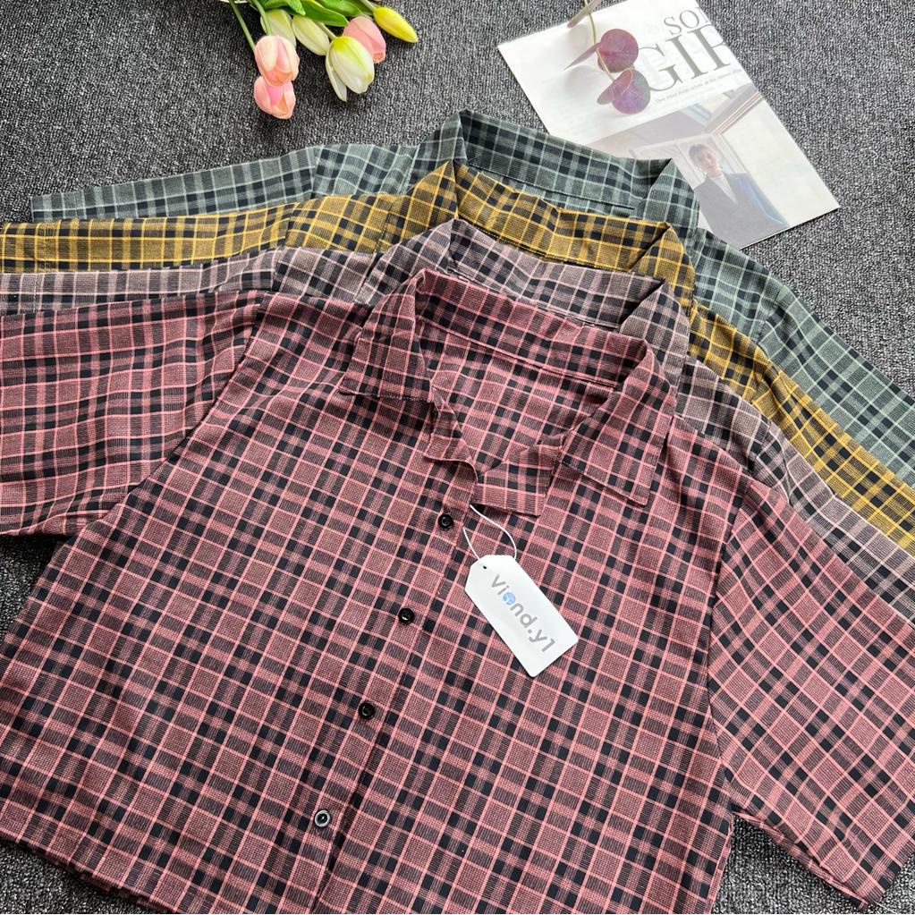 Blouse Kotak Wanita Korea Terbaru / Atasan Cewek Crop Flanel / Kemeja Lengan Pendek 142