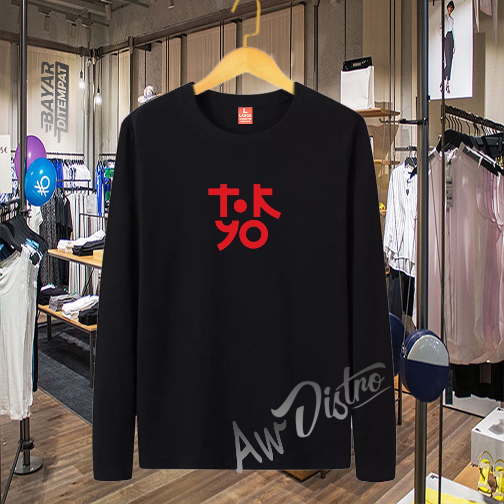 COD Baju Kaos Distro Tokyo Taxt Merah Premium Quality Lengan Panjang Kaos Tulisan Kaos Kata-Kata Kaos Sablon Big Size