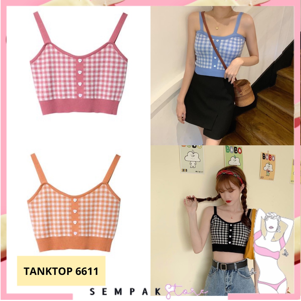 SS Tank Top Crop Wanita 6611  Motif Kotak - Kotak Korean Square Knit Tanktop Fashion Korea