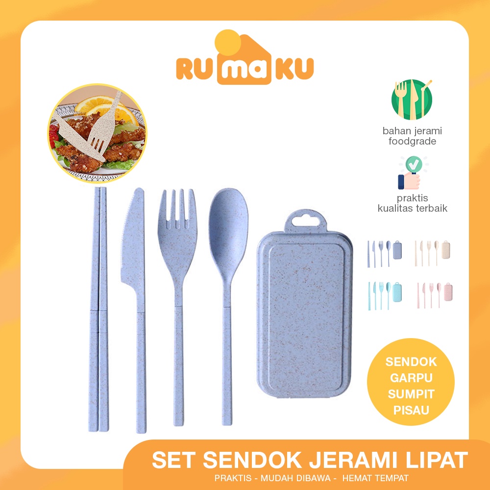 Rumaku Peralatan Makan Set 4 Pcs Sendok Garpu Pisau Sumpit Set Praktis Bahan Plastik Jerami