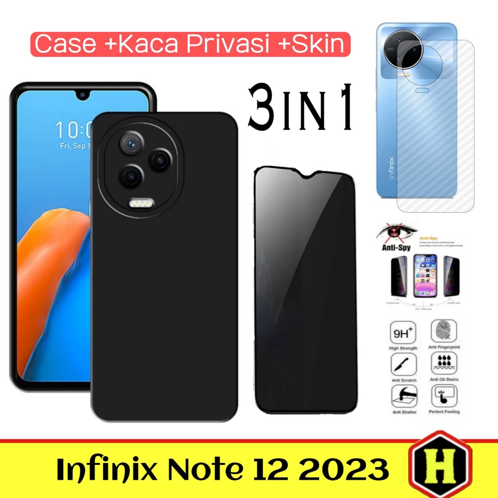 New Paket 3IN1 Case INFINIX NOTE 12 2023 Soft Case Black Free Tempered Glass &amp; Garskin Carbon Pelindung Body Belakang Handphone