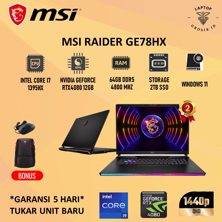 Laptop Msi Raider GE78HX 13VH RTX4080 12GB i9 13950HX 32GB 2TB SSD 17"QHD