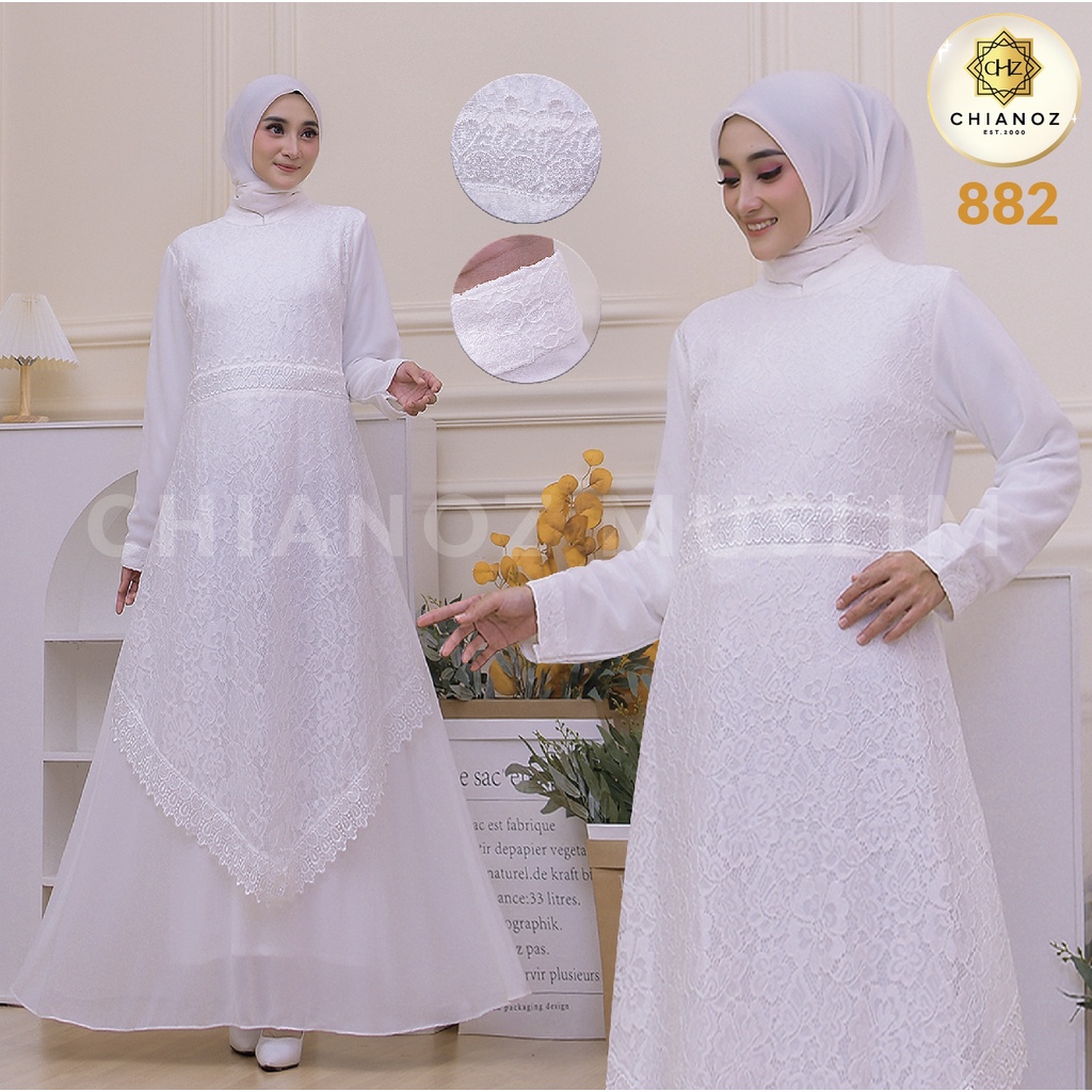 CHIANOZ Gamis Putih Mewah Shakira Dress Brukat Renda Baju Lebaran Umroh Haji Manasik Pesta Akad 882