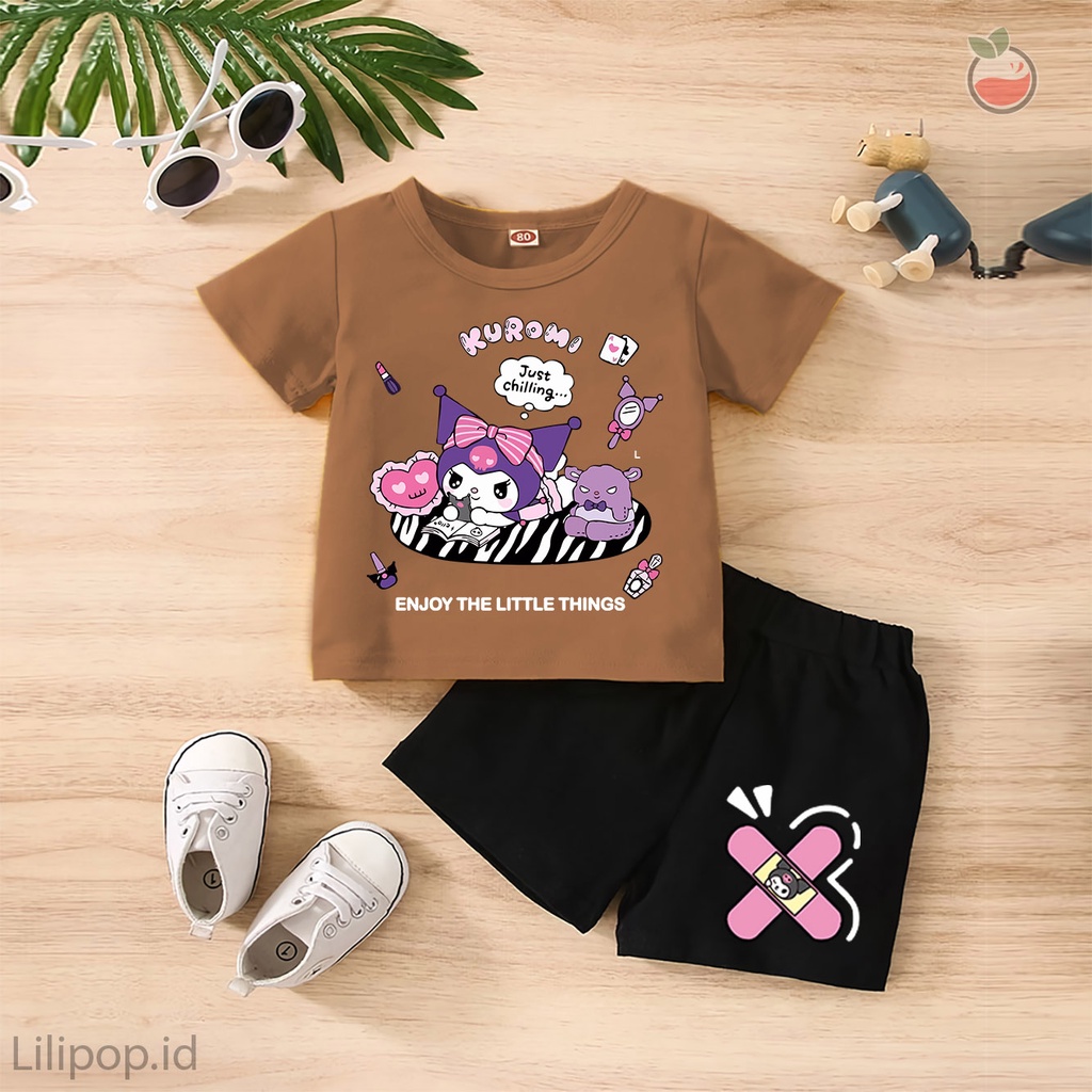 Baju Anak Stelan Kaos 3/4  KUROMI Cowok Cewek  Usia 1 - 4 Tahun Celana Pendek Harian