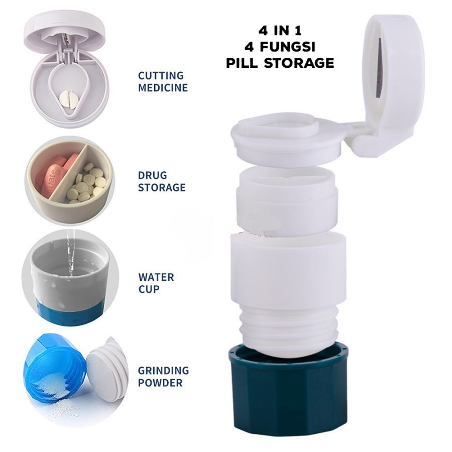 4 IN 1 Pill Storage Tempat Obat Multifungsi Alat Pemotong Penggerus Obat Tablet Medicine Storage Cutter Pill
