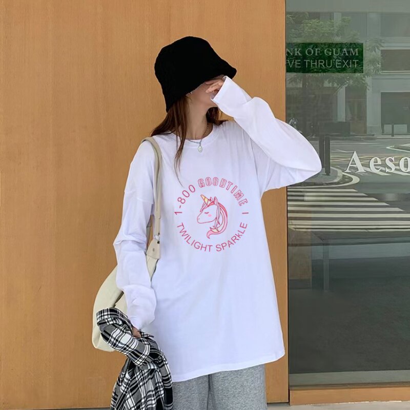 Unicorn Print Kaos Wanita Oversize Lengan Panjang Atasan Lucu