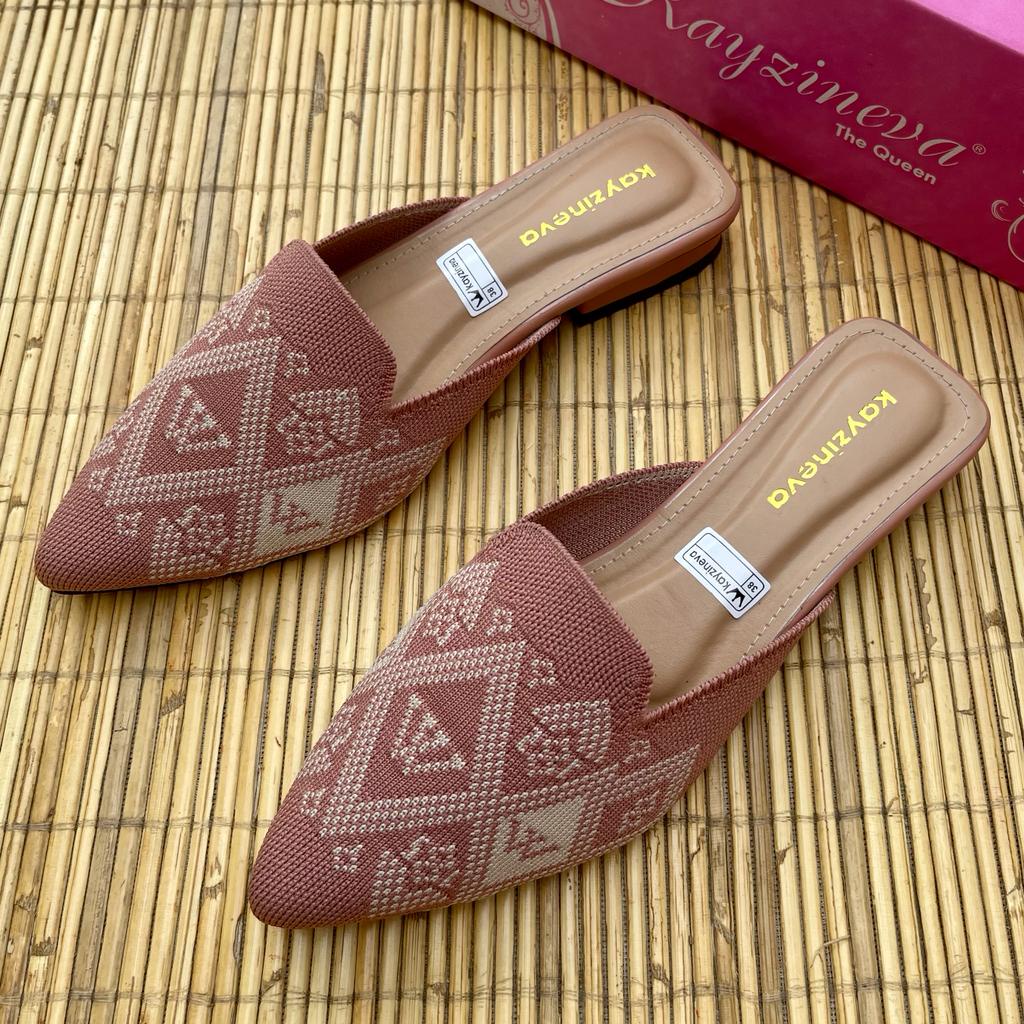 KAYZINEVA Sepatu Sandal Selop Wanita Mules Rajut Motif Batif Hak 3cm