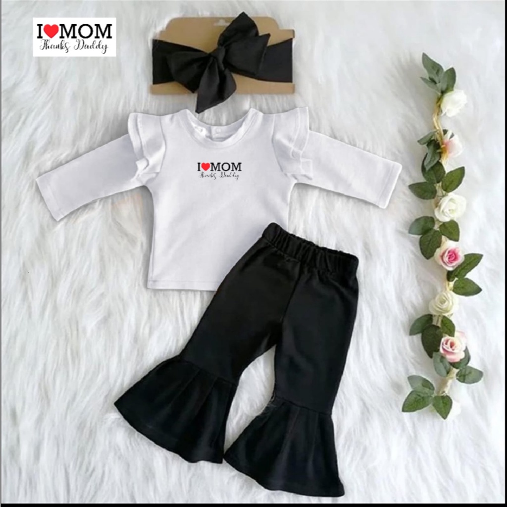 Stelan Kaos Anak Perempuan Celana Cutbray 1-8 Tahun/Atasan Lengan Panjang/model Kerutan Sablon I ❤️ MOM/  Set Lala Kids/ Matt Babyterry