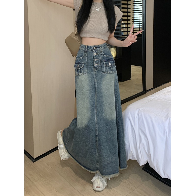 Red Rok denim tepi mentah retro Amerika wanita musim panas pinggang tinggi dicuci rok panjang rok fashion rok a-line ramping rok biru