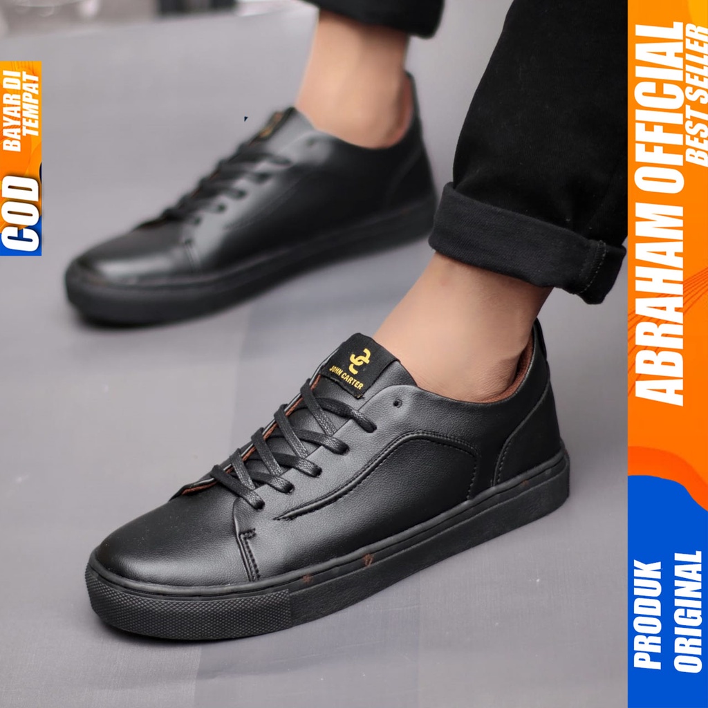 Sepatu Sneakers Pria Hitam Polos Kerja Sekolah Kuliah Abraham Jhon Low