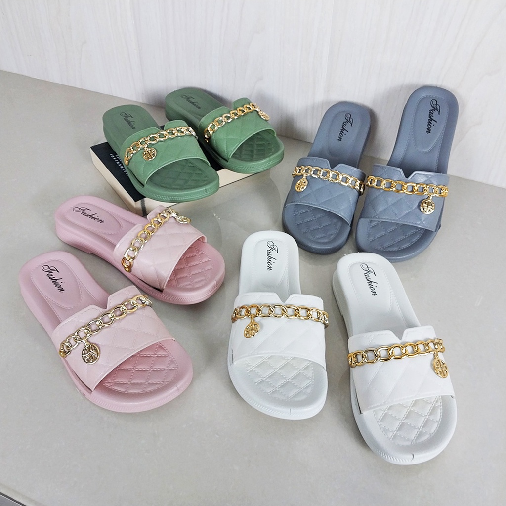 CYS Sandal Jelly Selop Kasual Wanita Cewek Kekinian Sendal Jalan Flatshoes Wedges Karet PVC Slip On Aksesoris Rantai Mewah Elegant Ringan Korea Fashion Style Import SPT-54