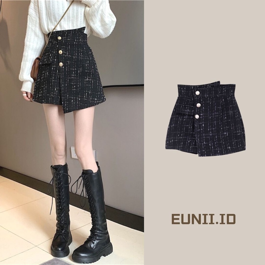 EUNII A-line Rok Pendek kotak-kotak Rok Vintage Highwaist Skirt Korean Style