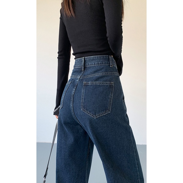 Celana Jeans Panjang Wanita Retro Desain Tombol Loose Wide Leg High Waist Jeans Korean Style