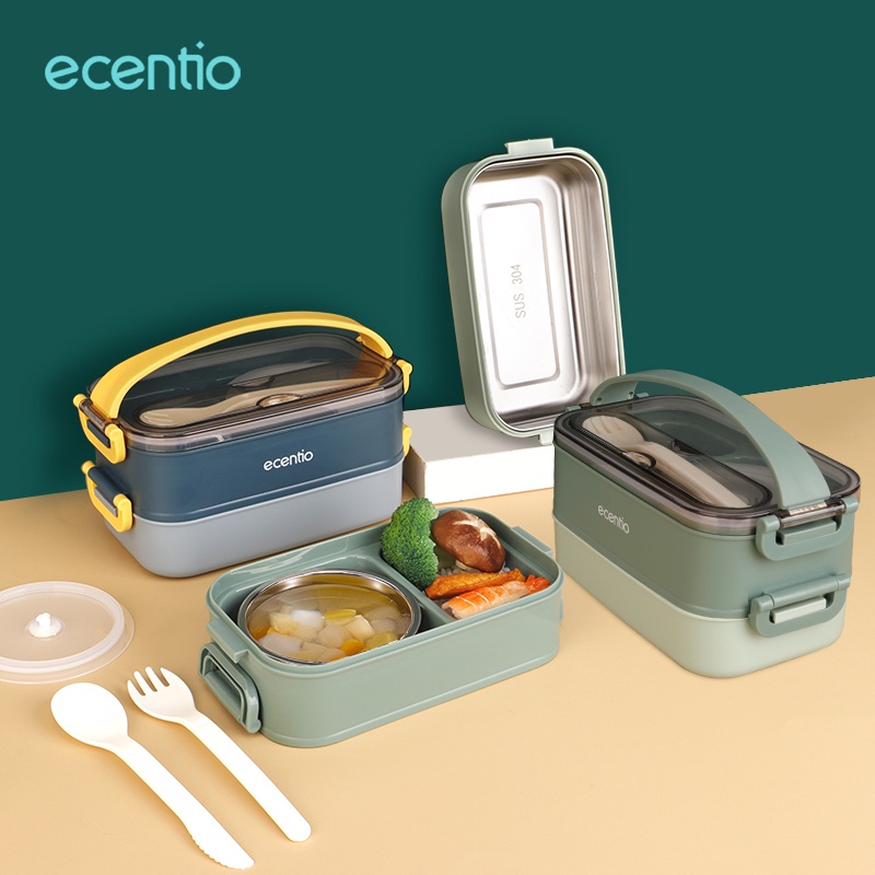 ecentio Lunch Box Set anti tumpah tahan panas Kotak makan Tempat Set dengan 4 in 1 stainless alat makan Sumpit Sendok Garpu plastik kotak