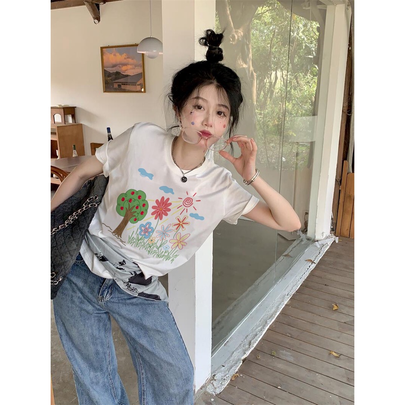 EUNII T-shirt Lengan Pendek Cartoon Landscape Korean Style/Kaos Atasan Wanita/Baju Kaus Oversize Wanita/Kaos Wanita