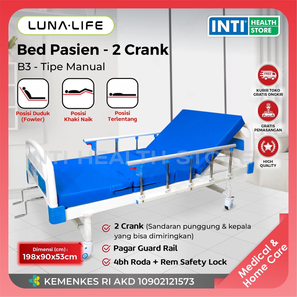 Luna Life | Bed Pasien Ranjang Medis 2 Crank | Tempat Tidur Pasien - + MATRAS