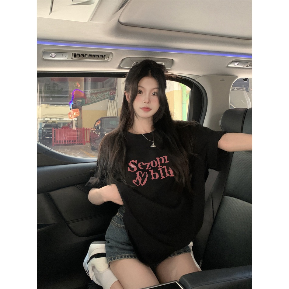 EUNII T-shirt Lengan Pendek Design Sense Pink English Korean Style/Kaos Atasan Wanita/Baju Kaus Oversize Wanita/Kaos Wanita